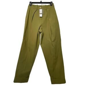 Olive Green Pleated Pants Womens Size 6 Cuffed High Waist Trousers Retro NWT